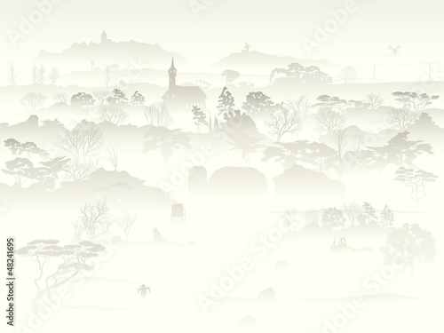 Vector: Valley with trees and farm in a morning fog. Valley with trees and farm in a morning fog.