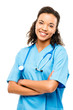 Photo: Happy mixed race doctor smiling arms folded isolated on white ba Happy mixed race doctor smiling arms folded isolated on white ba