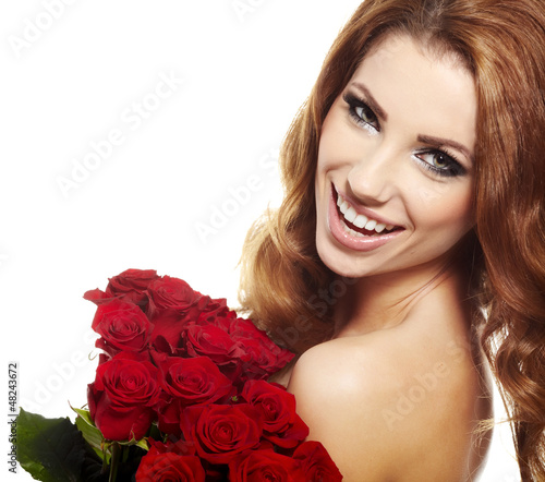 Photo: Beautiful female holding red roses bouquet, valentines day. Beautiful female holding red roses bouquet, valentines day.