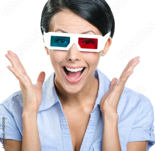 Photo: Close-up of excited girl in 3D glasses, isolated on white Close-up of excited girl in 3D glasses, isolated on white