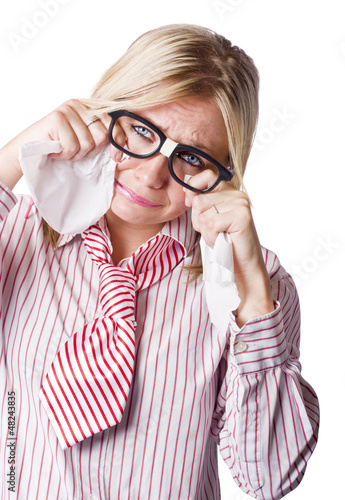 Photo: Isolated Sad Business Woman Crying Into Tissue Isolated Sad Business Woman Crying Into Tissue