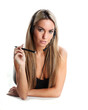 very beautiful business woman with headset and microphone