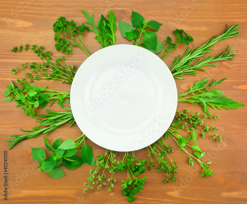 Photo: Fresh Herbs Collection as Border Around White Plate Fresh Herbs Collection as Border Around White Plate