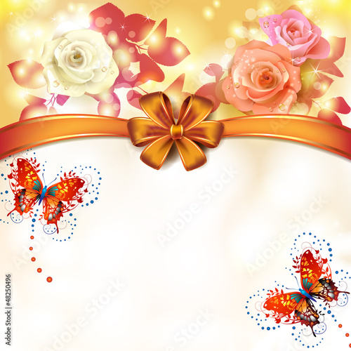 Vector: Background roses with orange bow and butterflies Background roses with orange bow and butterflies