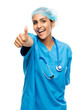 Closeup confident Indian doctor surgeon thumbs up isolated on wh