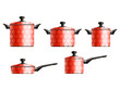 Set of five red painted cooking pots with flower pattern. Eps10