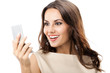 Happy smiling woman looking at mirror, isolated