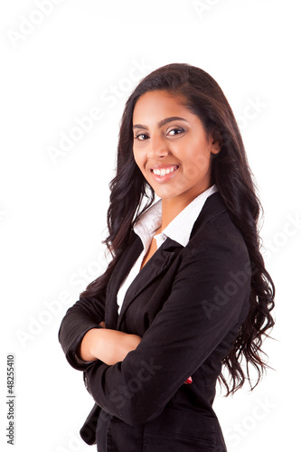 Photo: Portrait of modern business woman smiling over white background Portrait of modern business woman smiling over white background