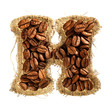 Alphabet from coffee beans on fabric texture isolated on white