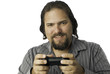 Isolated man with video game controller
