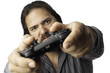 Isolated man with video game controller