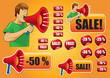 sale discount tags, man with megaphone