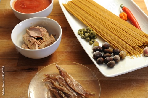 Photo: Ingredients for spaghetti with puttanesca sauce Ingredients for spaghetti with puttanesca sauce