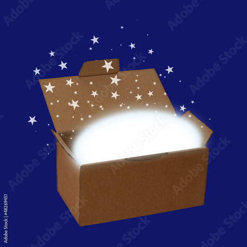 Illustration: Surprise box or delivery with stars and copyspace, over blue - c Surprise box or delivery with stars and copyspace, over blue - c