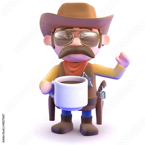 Illustration: Cowboy drinks coffee from a mug Cowboy drinks coffee from a mug