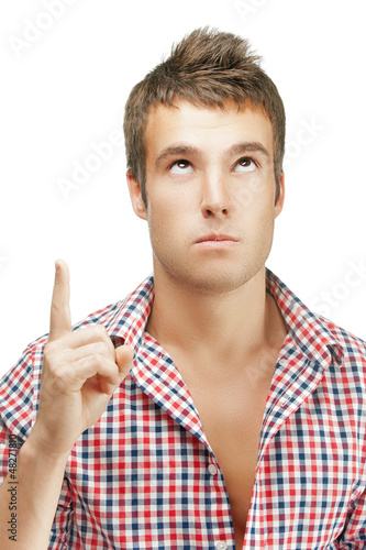 Photo: handsome man raises up forefinger handsome man raises up forefinger
