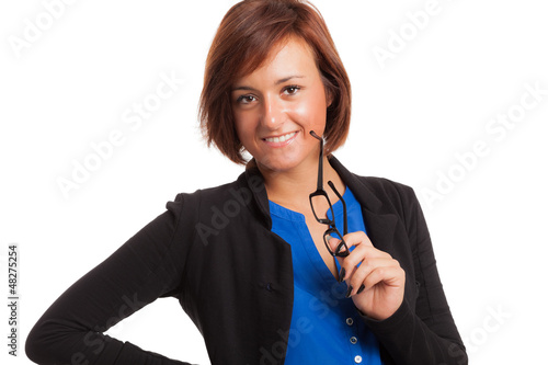Photo: Smiling woman holding her eyeglasses Smiling woman holding her eyeglasses