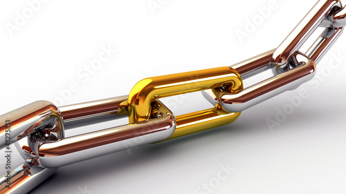 Illustration: Chrome chain with a golden link on white background Chrome chain with a golden link on white background
