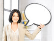 smiling businesswoman with blank text bubble