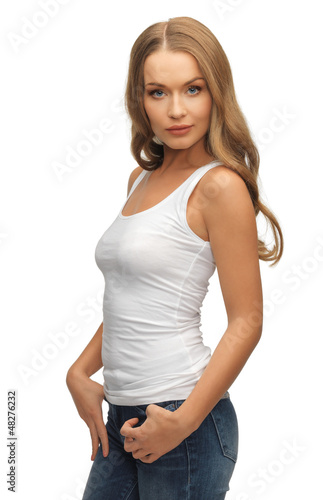 Photo: calm and serious woman in blank white t-shirt calm and serious woman in blank white t-shirt