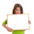 child girl with white frame copy space white blackboard
