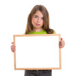 child girl with white frame copy space white blackboard