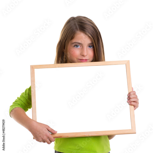 Photo: child girl with white frame copy space white blackboard child girl with white frame copy space white blackboard