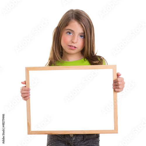 Photo: child girl with white frame copy space white blackboard child girl with white frame copy space white blackboard