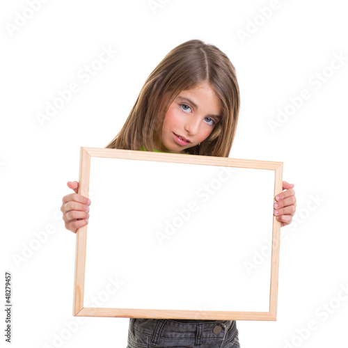 Photo: child girl with white frame copy space white blackboard child girl with white frame copy space white blackboard