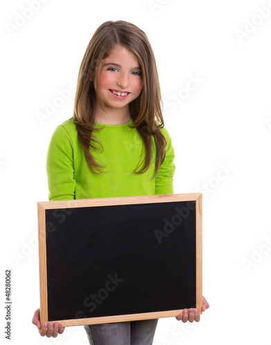 Photo: child girl with white frame copy space black blackboard child girl with white frame copy space black blackboard