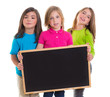 children girls group holding blank blackboard copy space