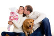 Baby girl mother and father family happy in winter and dog