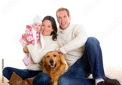 Photo: Baby girl mother and father family happy in winter and dog Baby girl mother and father family happy in winter and dog