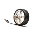 Tire and rim with tread on a white background.