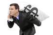 A businessman carrying a money bag with US dollar sign