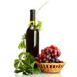 bottle of wine with grapes isolated on white
