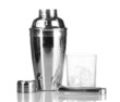 Cocktail shaker and cocktail glass isolated on white