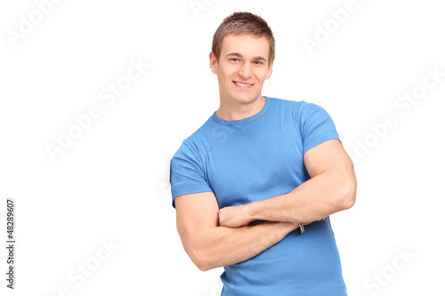 Photo: A young man leaning on a virtual wall A young man leaning on a virtual wall