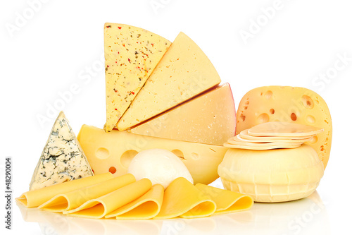 Photo: Various types of cheese isolated on white Various types of cheese isolated on white