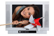 Woman coming out from TV with a grinder