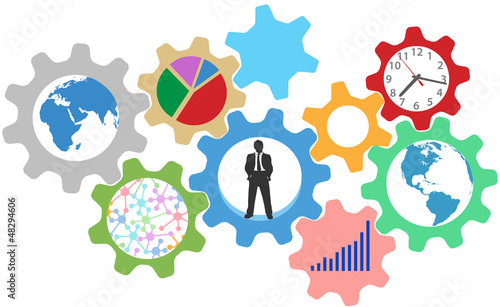 Vector: Busy business person work in gears Busy business person work in gears