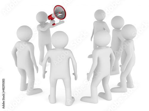 Illustration: orator speaks in megaphone. Isolated 3D image orator speaks in megaphone. Isolated 3D image