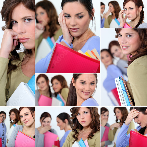 Photo: Montage of female students worried about exams Montage of female students worried about exams