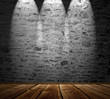 Blank stonewall with 3 spotlights and wooden floor