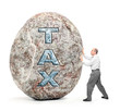 Businessman holding giant boulder - symbol of high taxes.