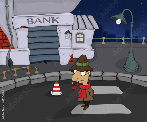 Vector: The detective in a night city. Cartoon The detective in a night city. Cartoon