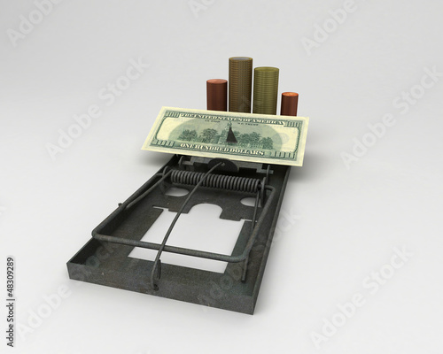 Illustration: Trappola banca, soldi borsa, prestito, tasse Trappola banca, soldi borsa, prestito, tasse