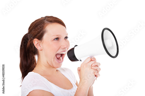 Photo: Attraktive junge Frau mit Megaphon Attraktive junge Frau mit Megaphon