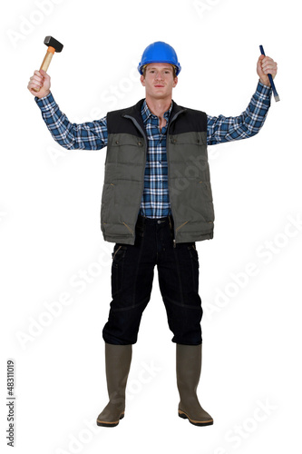 Photo: Laborer standing on white background Laborer standing on white background