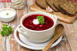 Ukrainian and russian national red borsch with sour cream